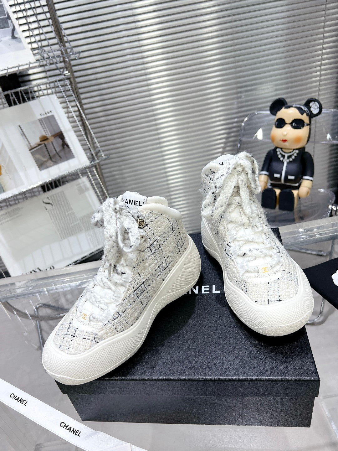Chanel Cano Alto Sneaker in White Wool Tweed and Rubber