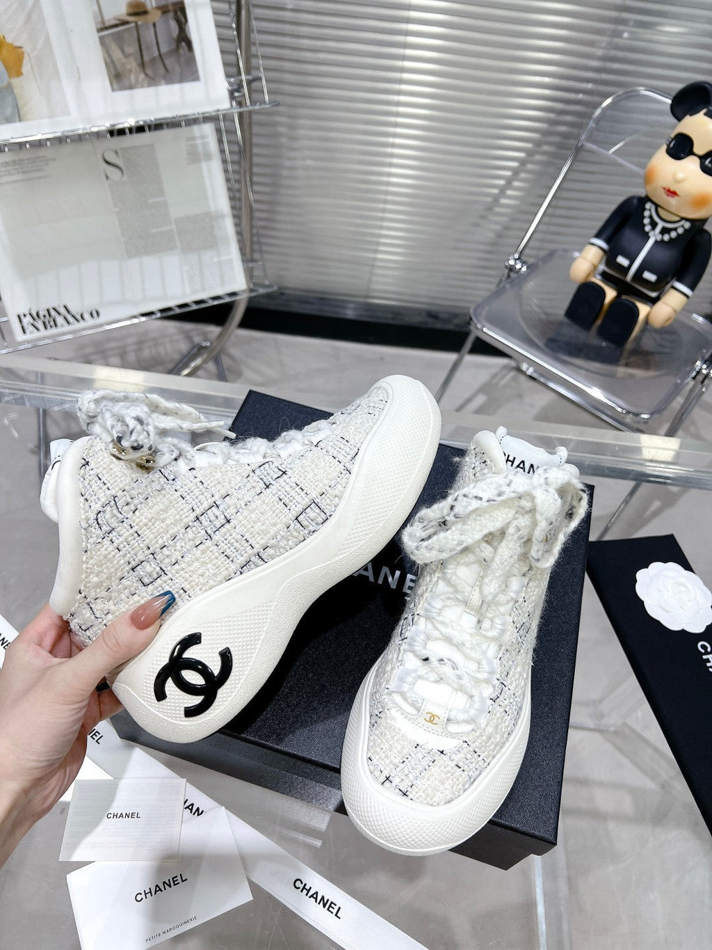 Chanel Cano Alto Sneaker in White Wool Tweed and Rubber