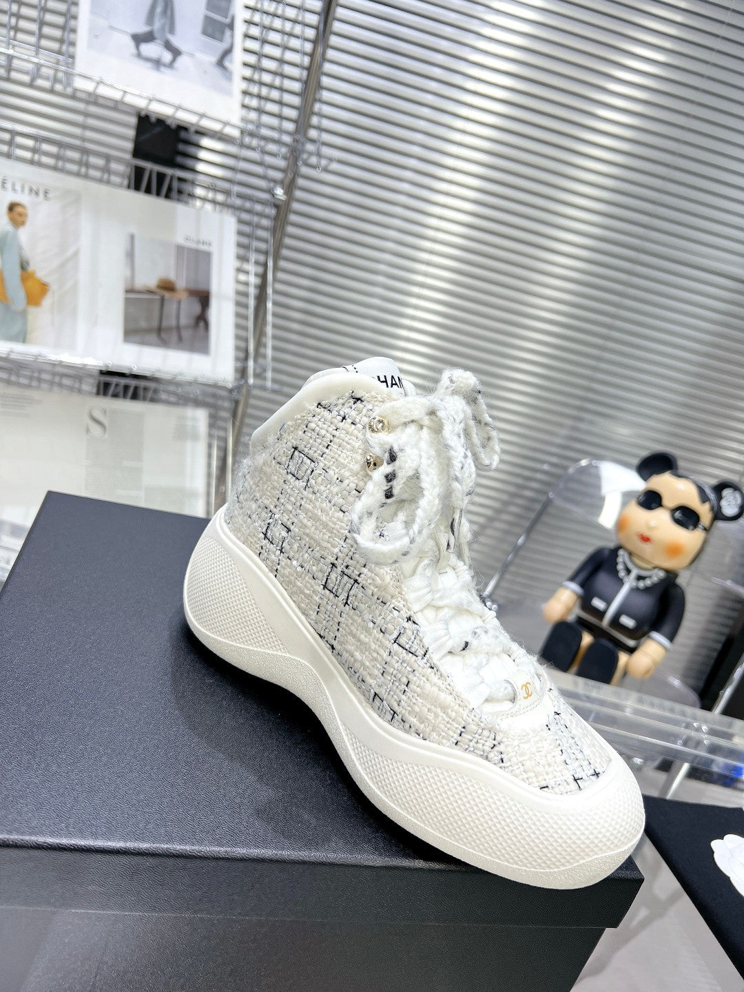 Chanel Cano Alto Sneaker in White Wool Tweed and Rubber
