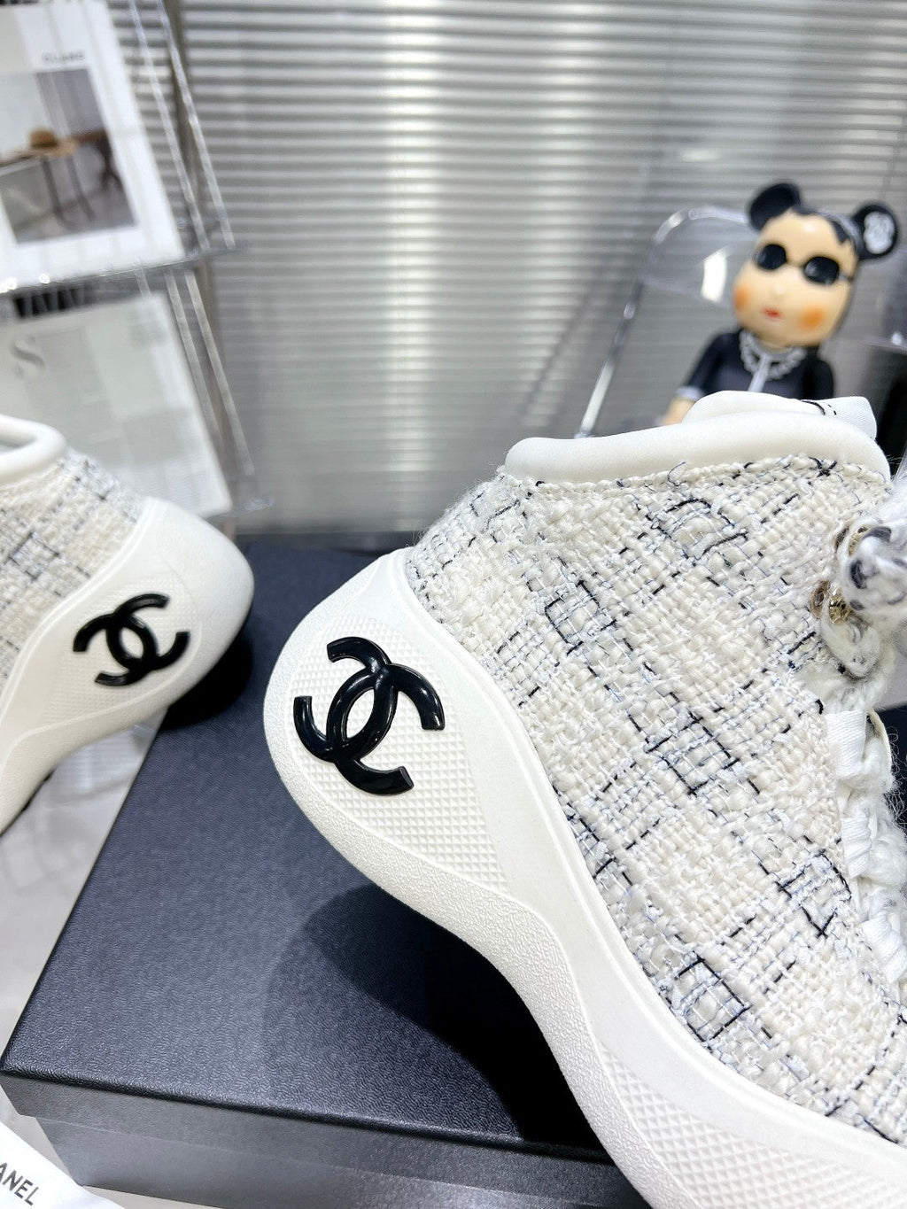 Chanel Cano Alto Sneaker in White Wool Tweed and Rubber