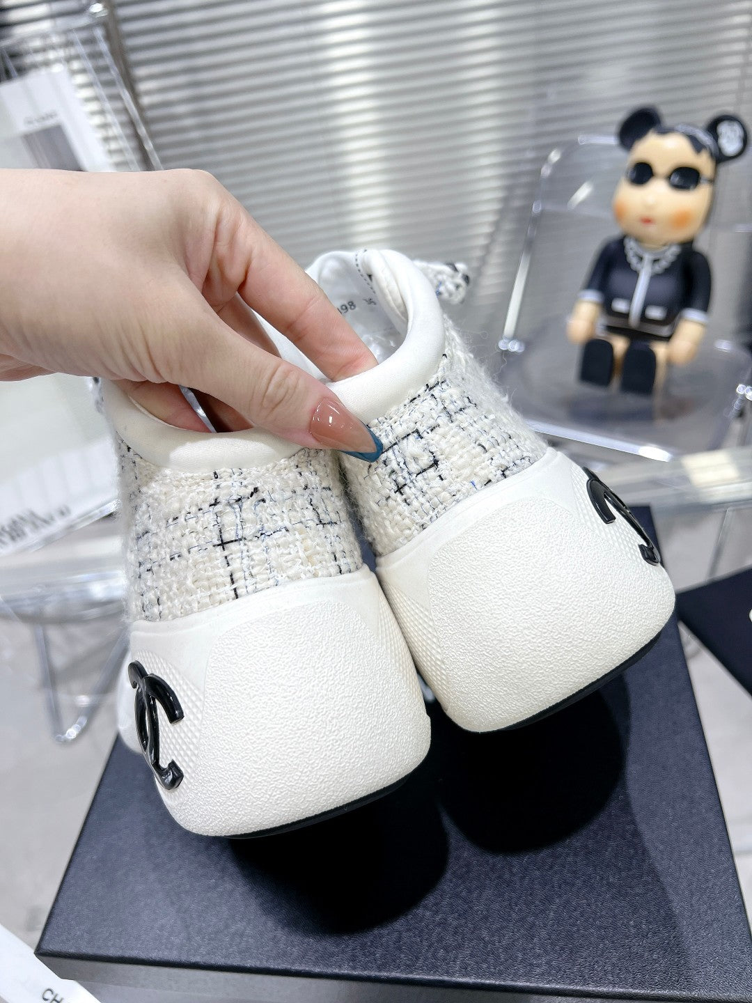 Chanel Cano Alto Sneaker in White Wool Tweed and Rubber