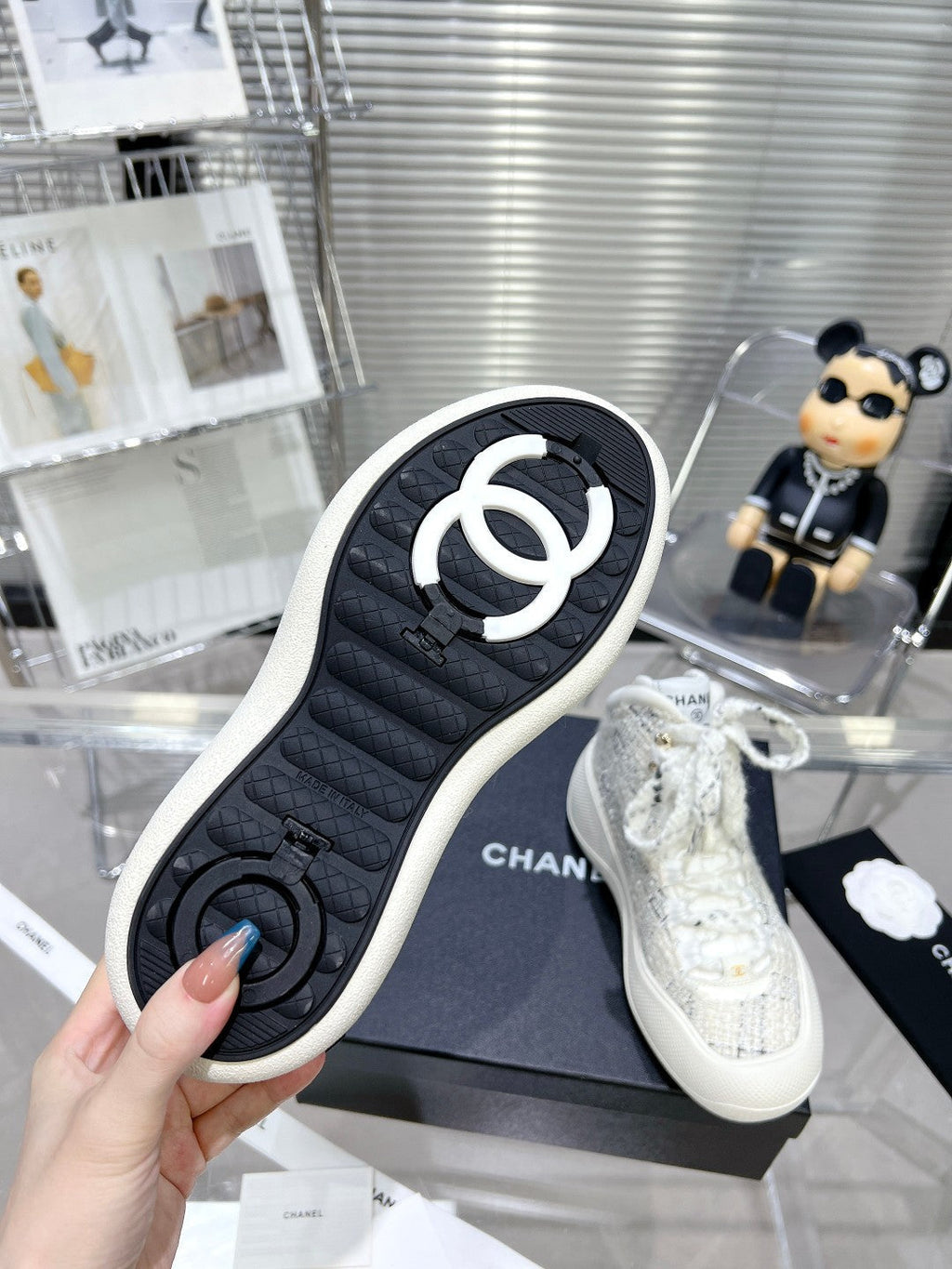 Chanel Cano Alto Sneaker in White Wool Tweed and Rubber