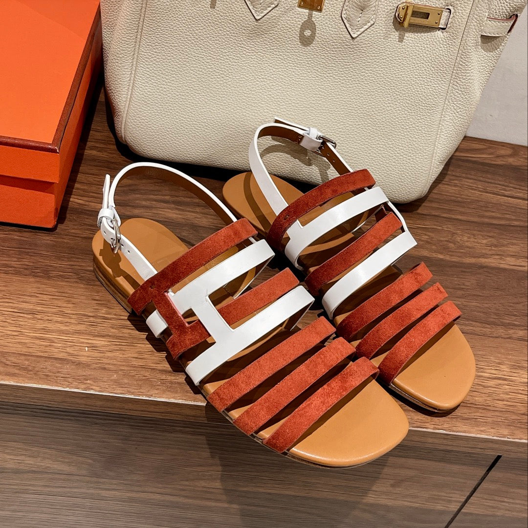 Hermes Ephese Sandal Caramel and White Calfskin