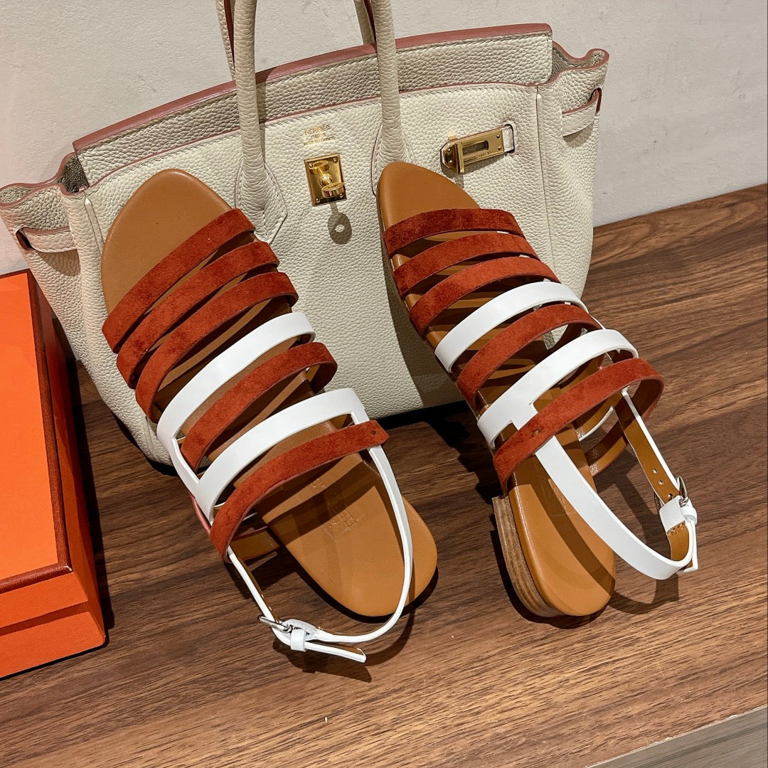 Hermes Ephese Sandal Caramel and White Calfskin