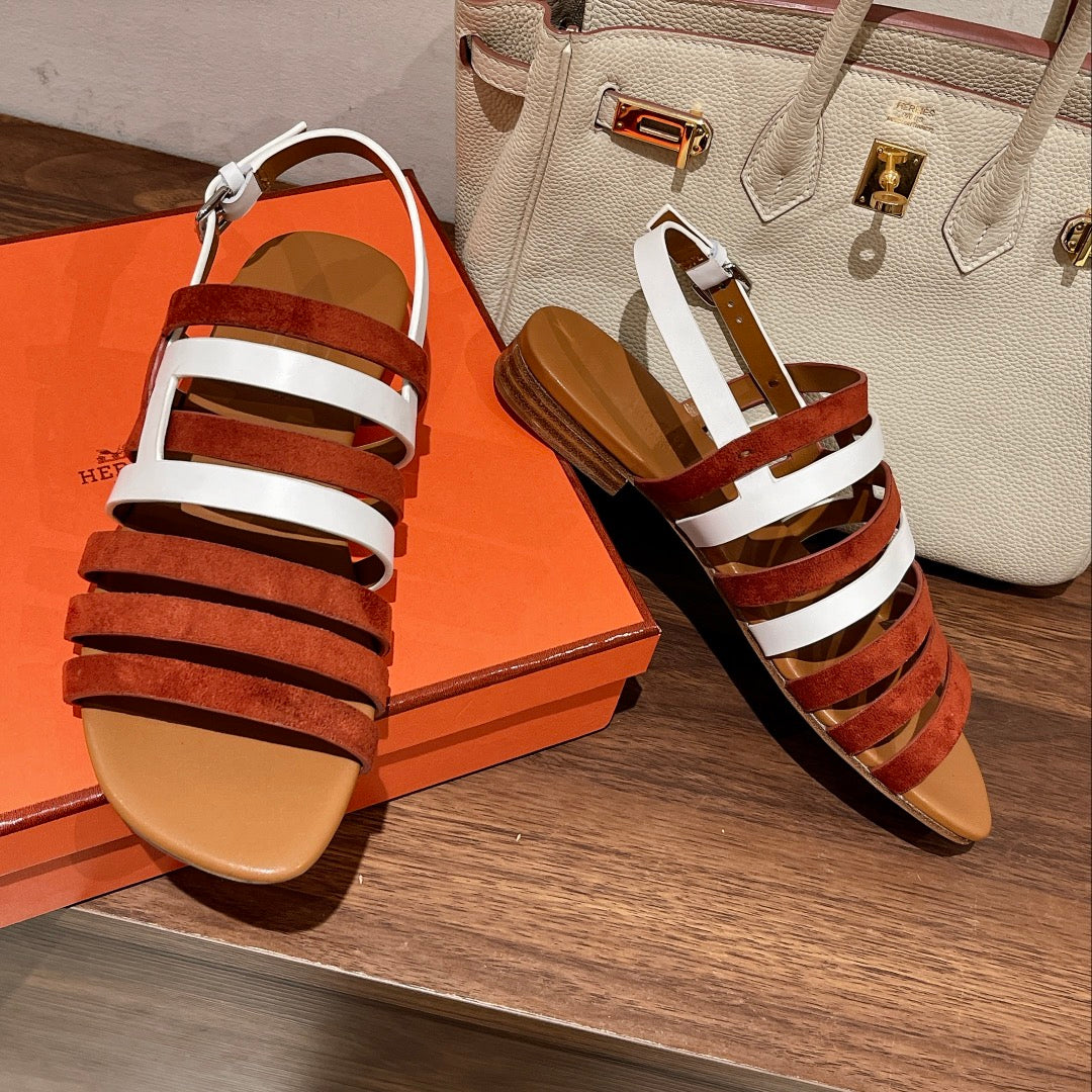 Hermes Ephese Sandal Caramel and White Calfskin