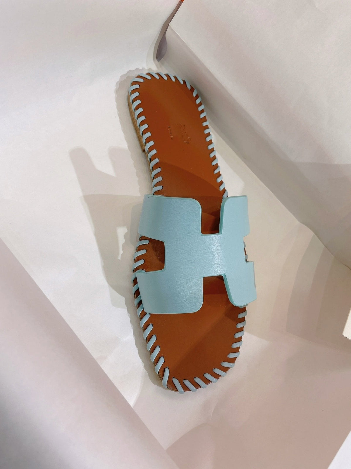 Hermes 0RAN Sandal Braided Calfskin Blue Sky