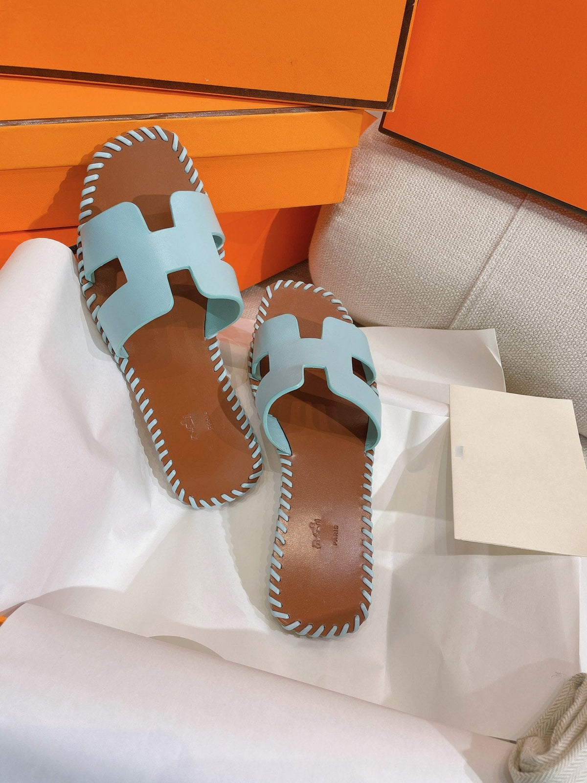 Hermes 0RAN Sandal Braided Calfskin Blue Sky