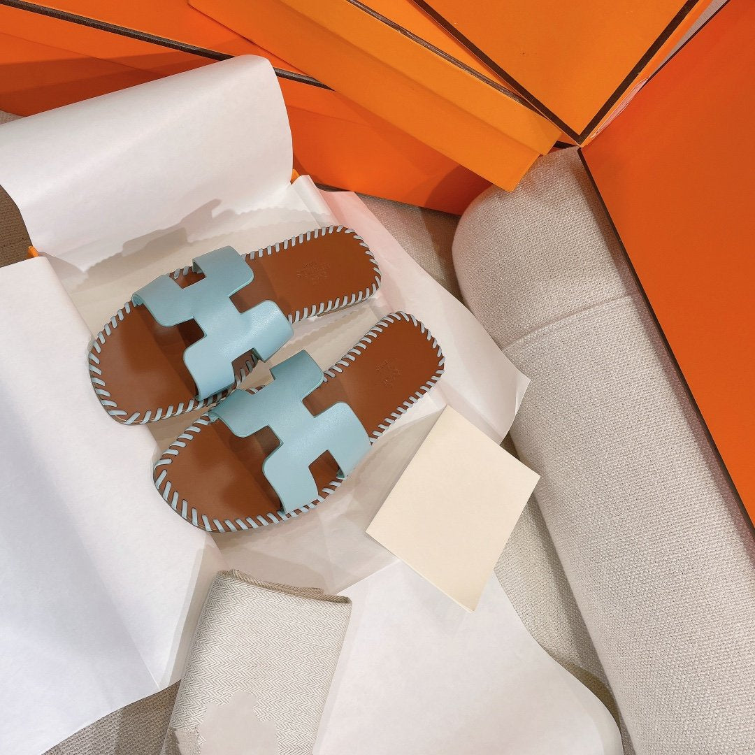 Hermes 0RAN Sandal Braided Calfskin Blue Sky