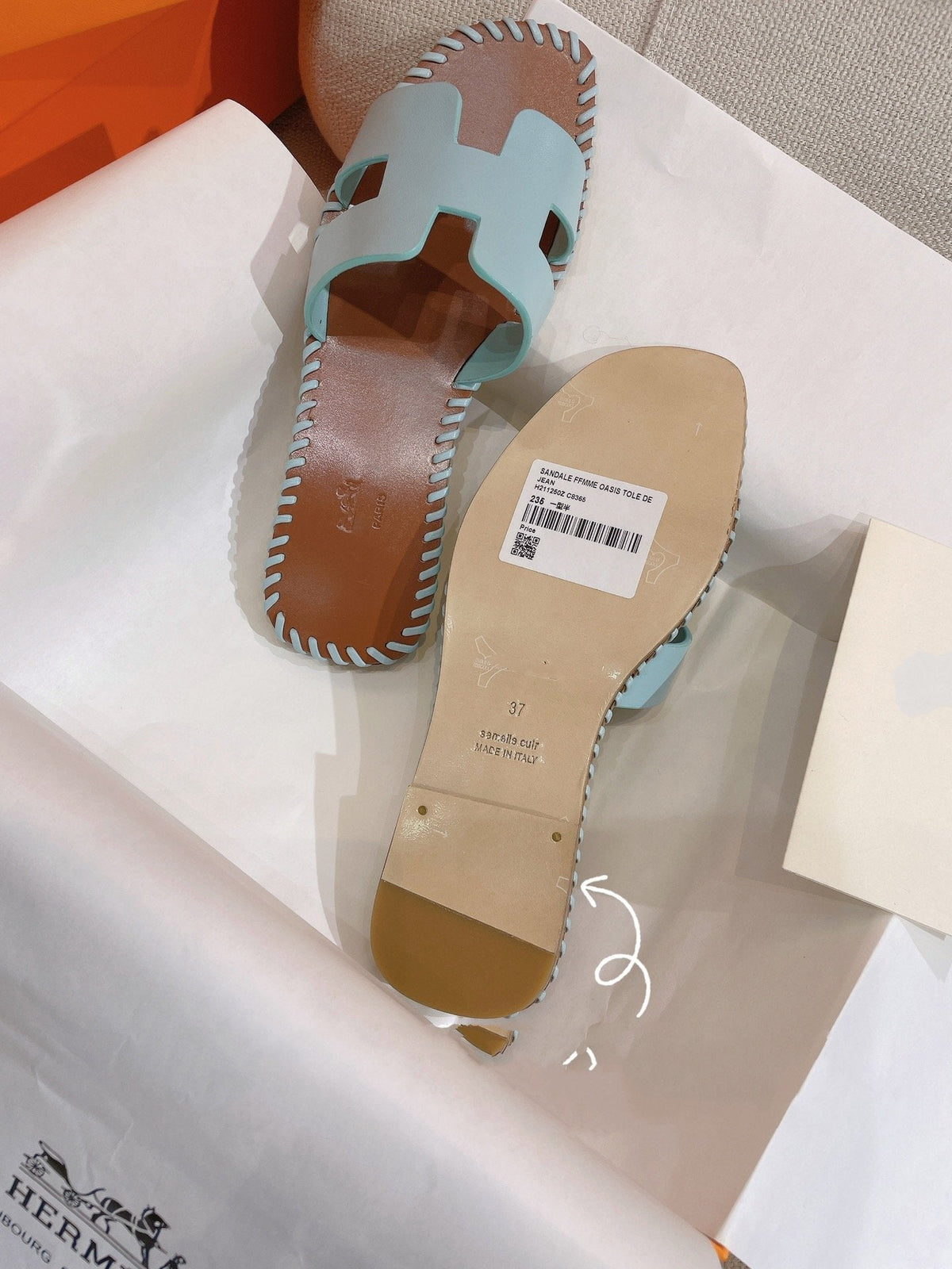 Hermes 0RAN Sandal Braided Calfskin Blue Sky