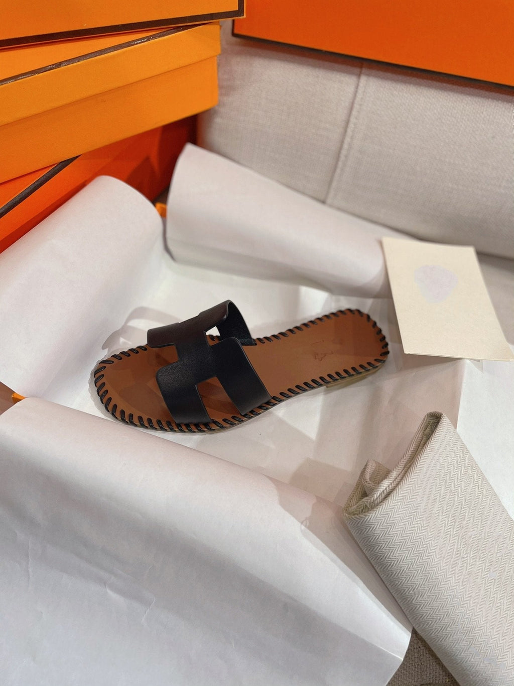 Hermes 0RAN Sandal Braided Calfskin Black