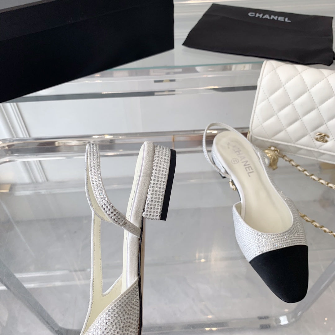 Chanel Double Rhinestone Slingback Sheepskin White Black