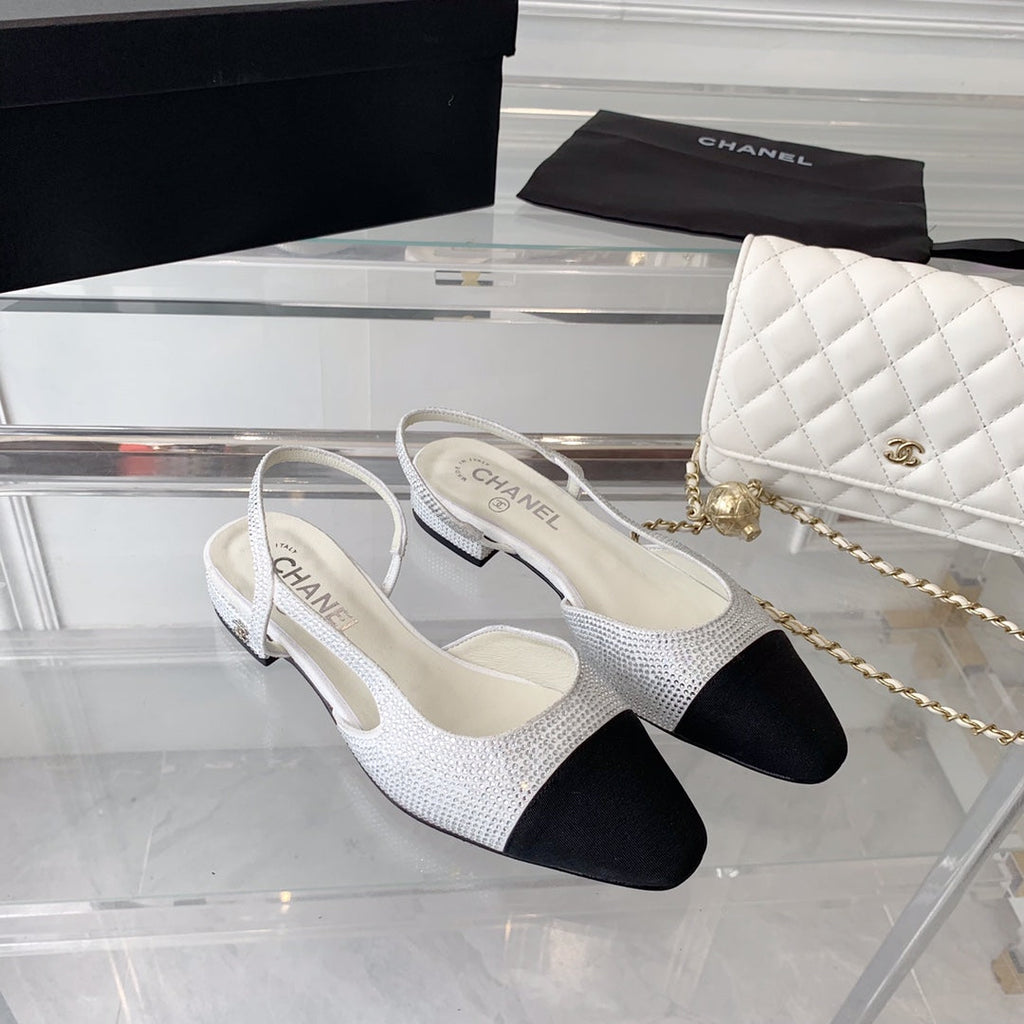 Chanel Double Rhinestone Slingback Sheepskin White Black