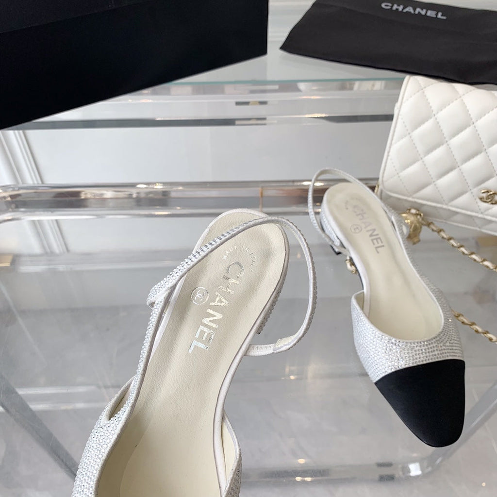 Chanel Double Rhinestone Slingback Sheepskin White Black