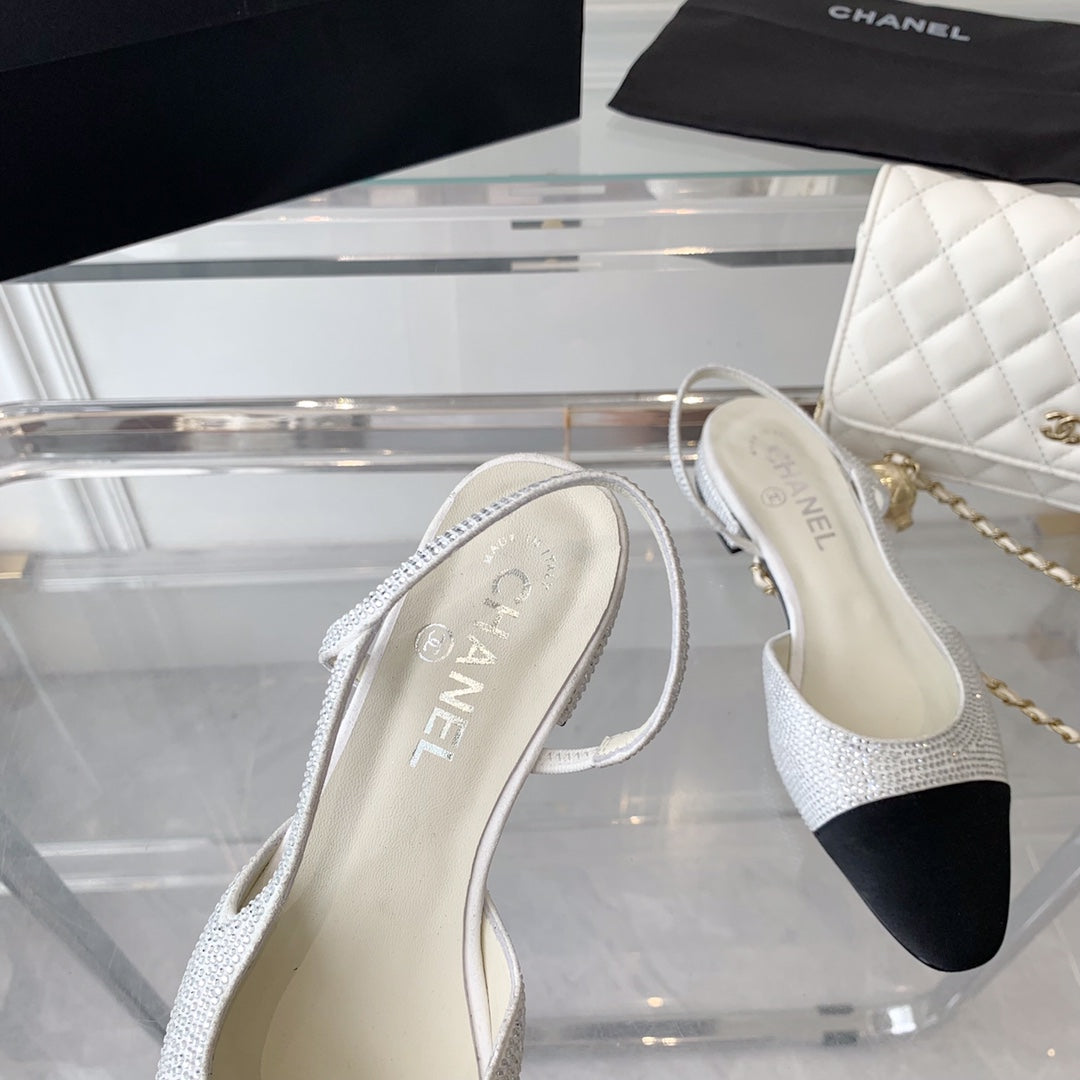 Chanel Double Rhinestone Slingback Sheepskin White Black