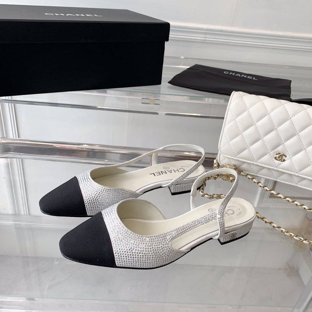Chanel Double Rhinestone Slingback Sheepskin White Black