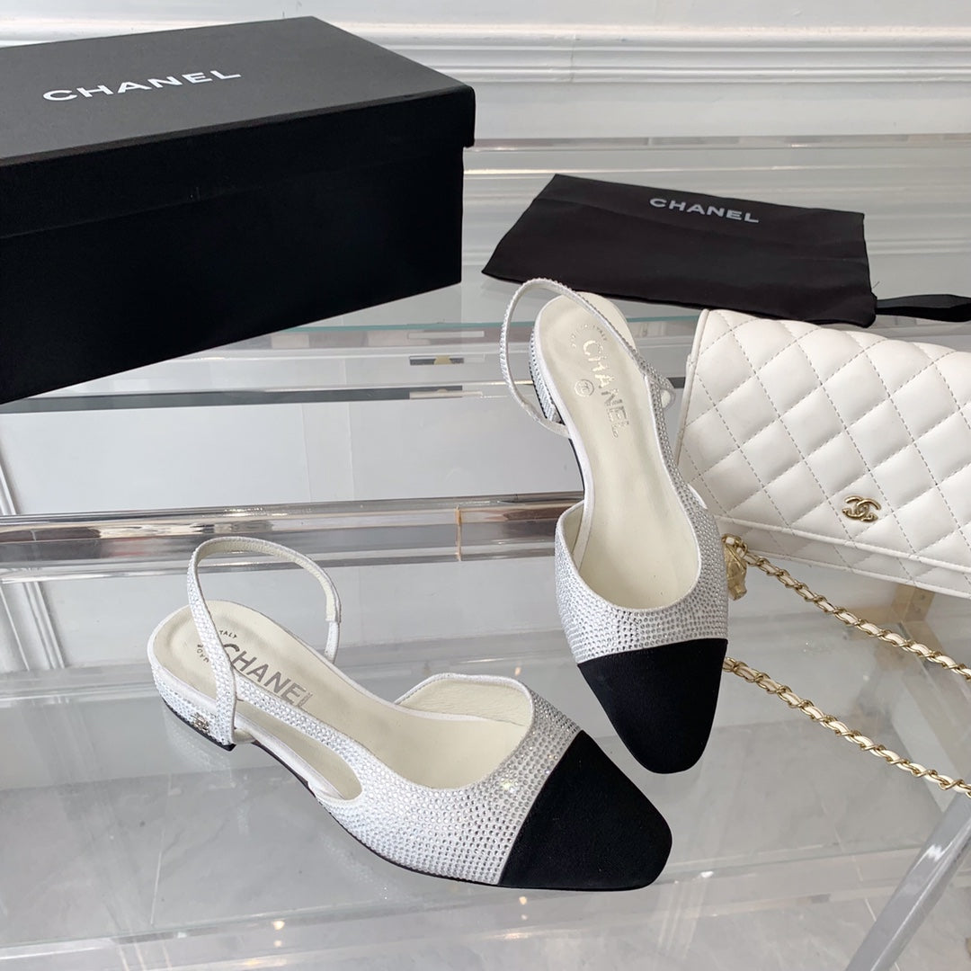 Chanel Double Rhinestone Slingback Sheepskin White Black