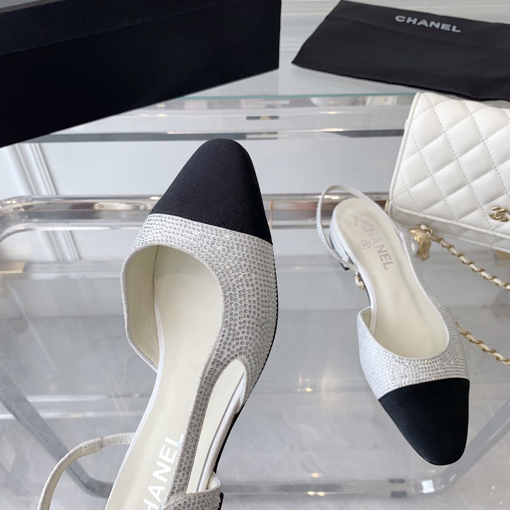 Chanel Double Rhinestone Slingback Sheepskin White Black