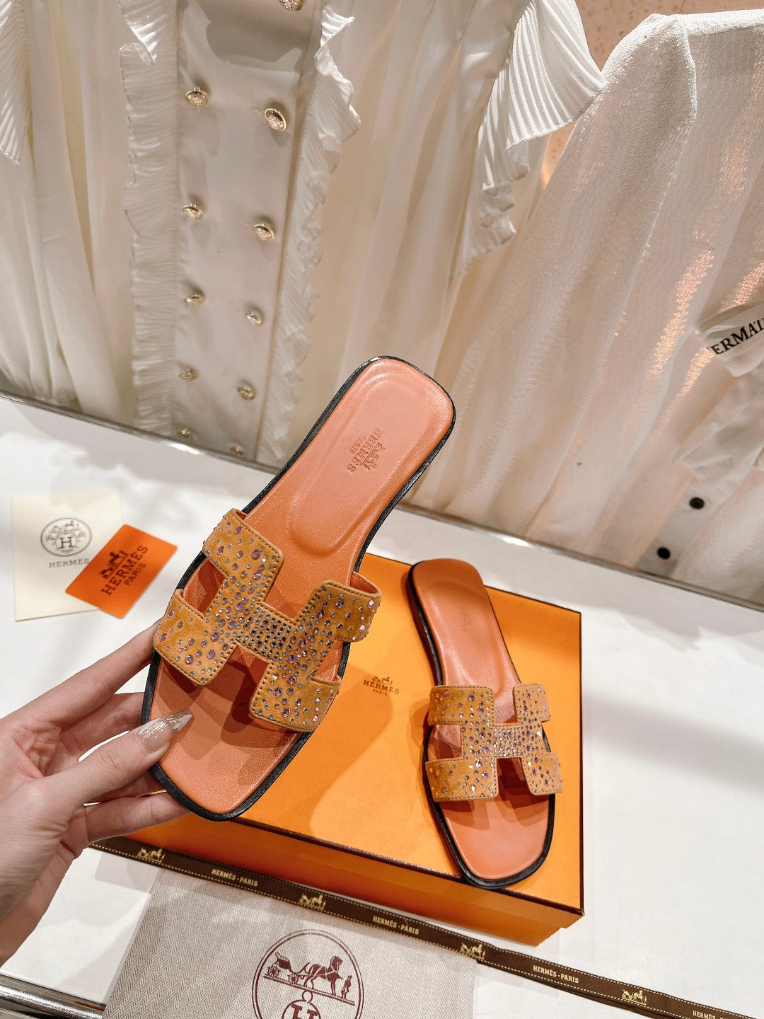Hermes 0RAN Sandal Bright Orange Lambskin Attach Crystals