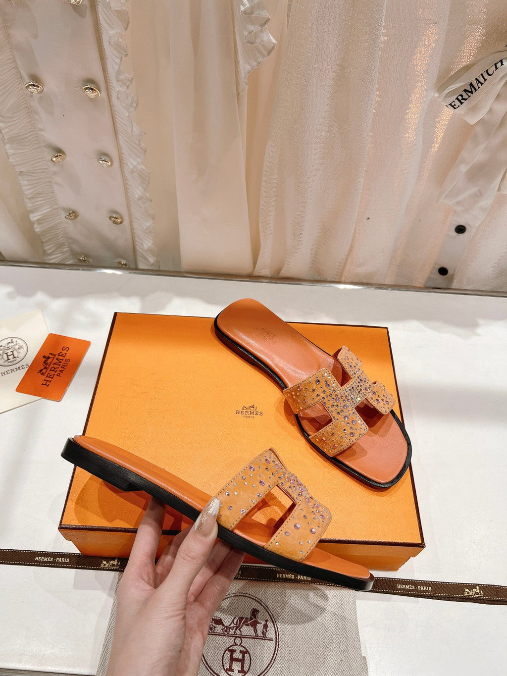 Hermes 0RAN Sandal Bright Orange Lambskin Attach Crystals