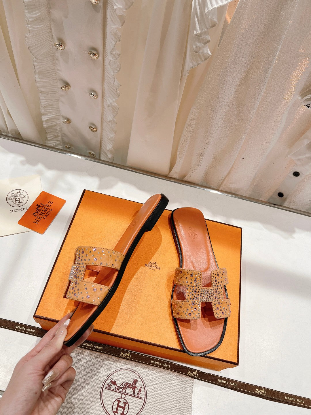 Hermes 0RAN Sandal Bright Orange Lambskin Attach Crystals