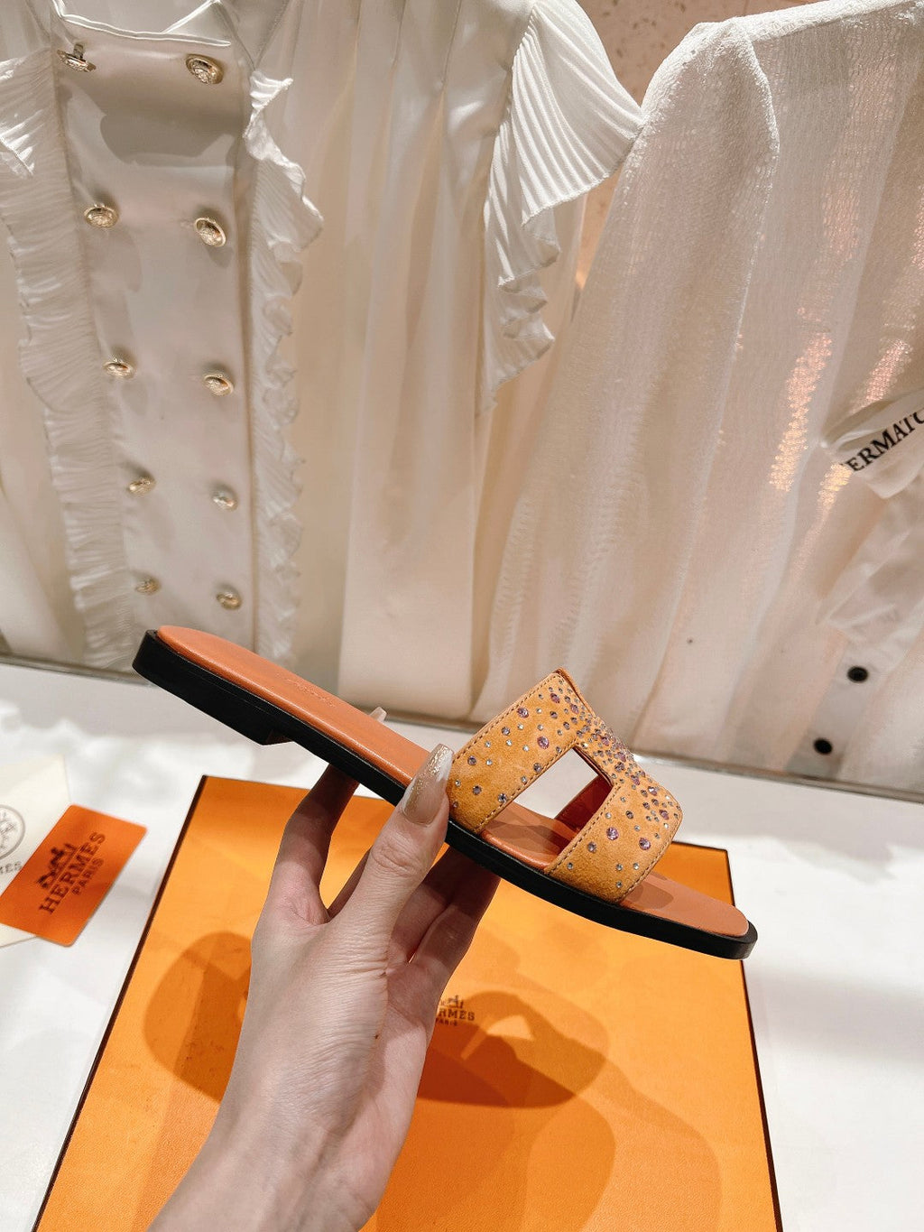 Hermes 0RAN Sandal Bright Orange Lambskin Attach Crystals