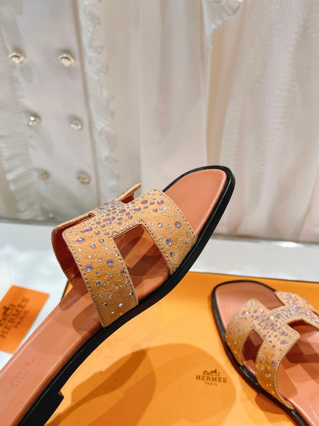 Hermes 0RAN Sandal Bright Orange Lambskin Attach Crystals