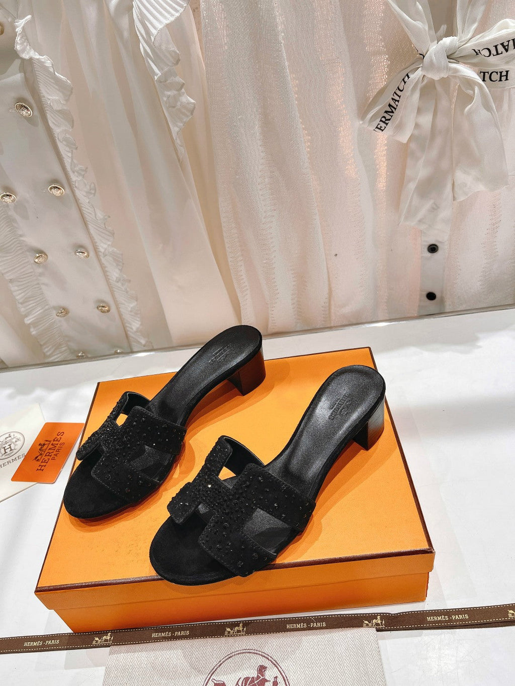 Hermes 0ASIS Sandals Lambskin Attach Crystal-Black