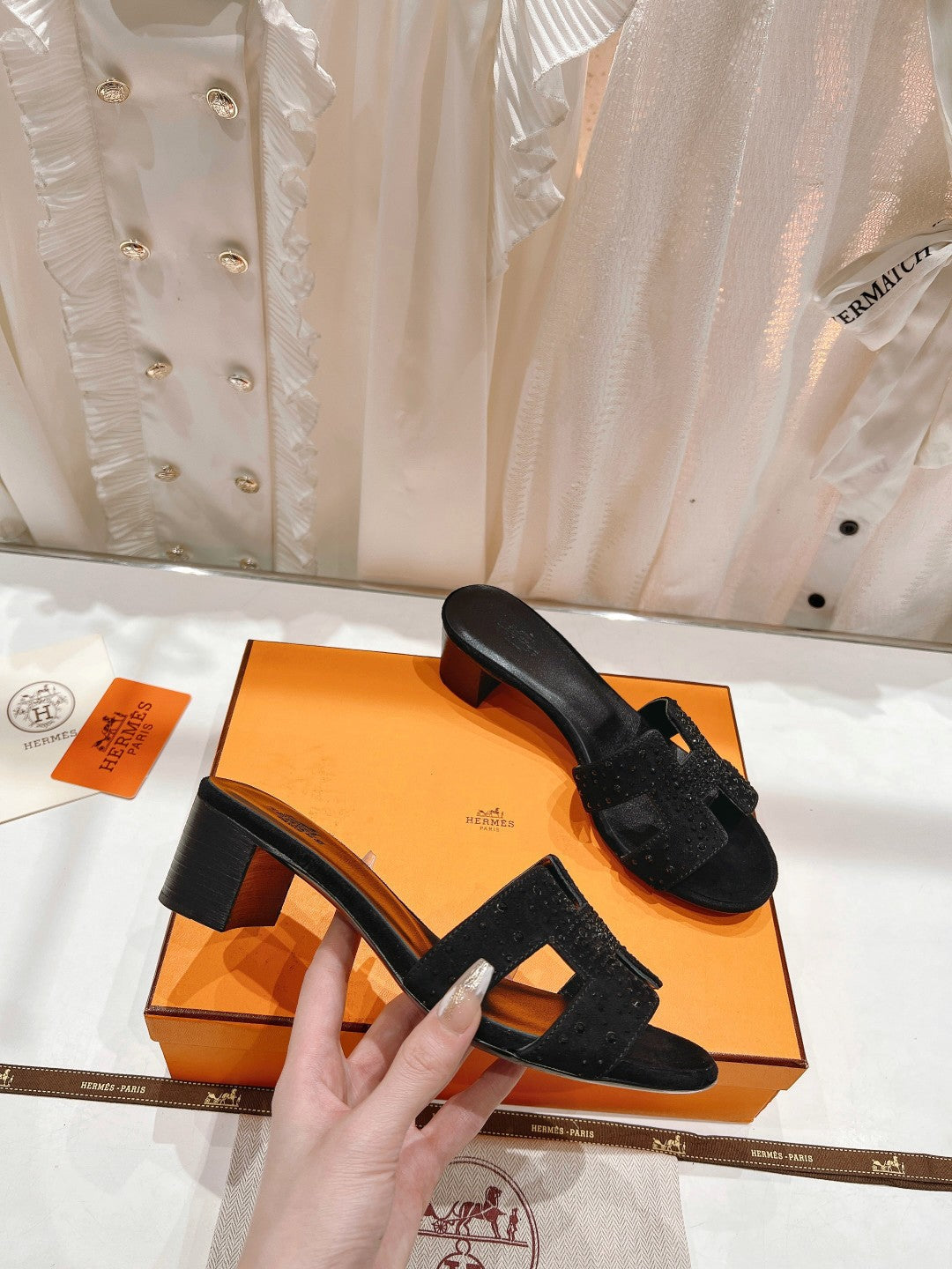 Hermes 0ASIS Sandals Lambskin Attach Crystal-Black