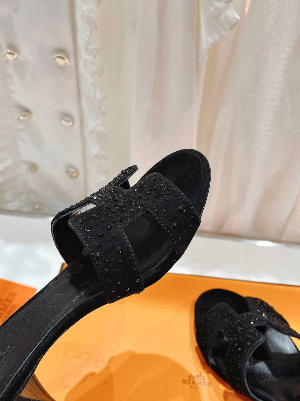 Hermes 0ASIS Sandals Lambskin Attach Crystal-Black