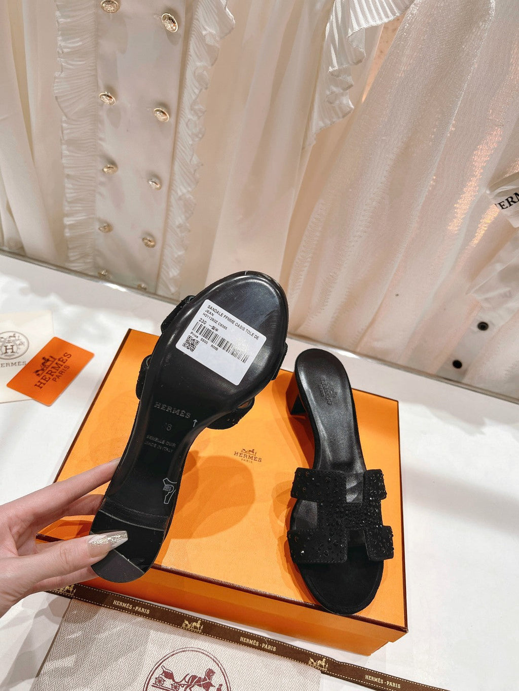 Hermes 0ASIS Sandals Lambskin Attach Crystal-Black