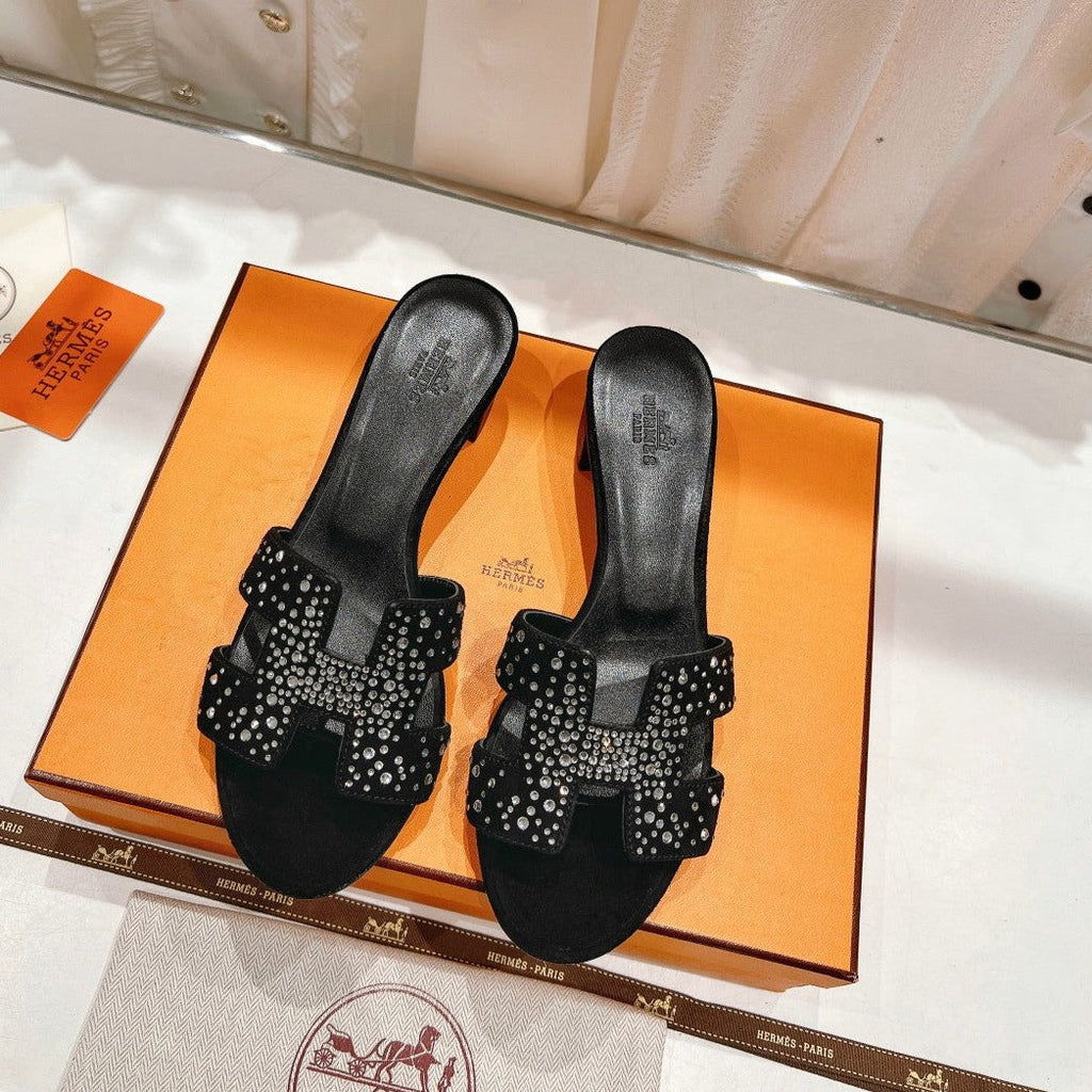 Hermes 0ASIS Sandals Black Lambskin Attach Crystal
