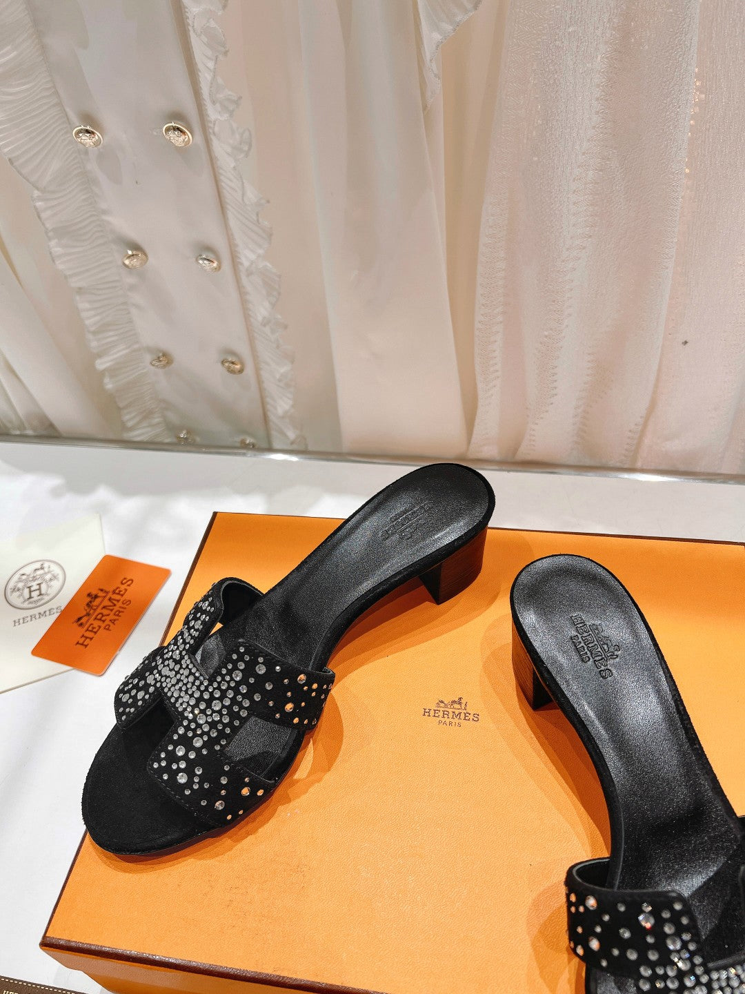 Hermes 0ASIS Sandals Black Lambskin Attach Crystal
