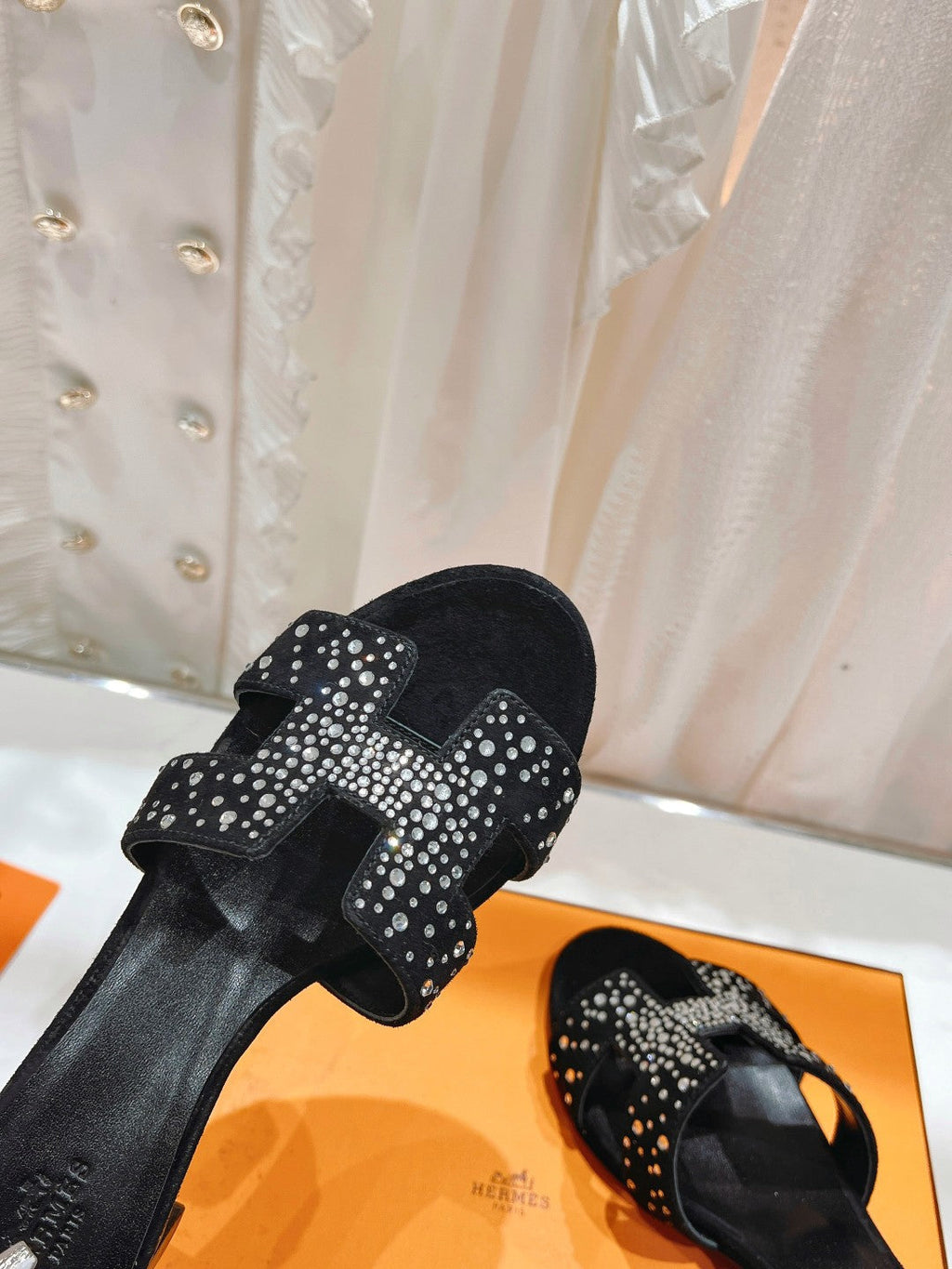 Hermes 0ASIS Sandals Black Lambskin Attach Crystal