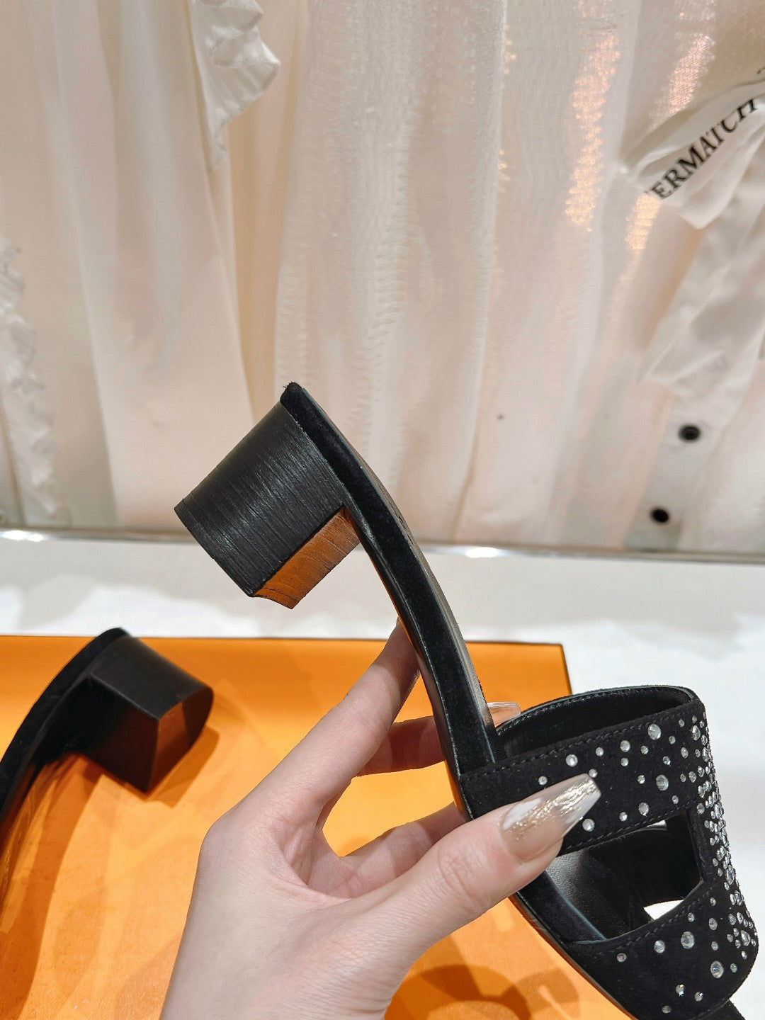 Hermes 0ASIS Sandals Black Lambskin Attach Crystal