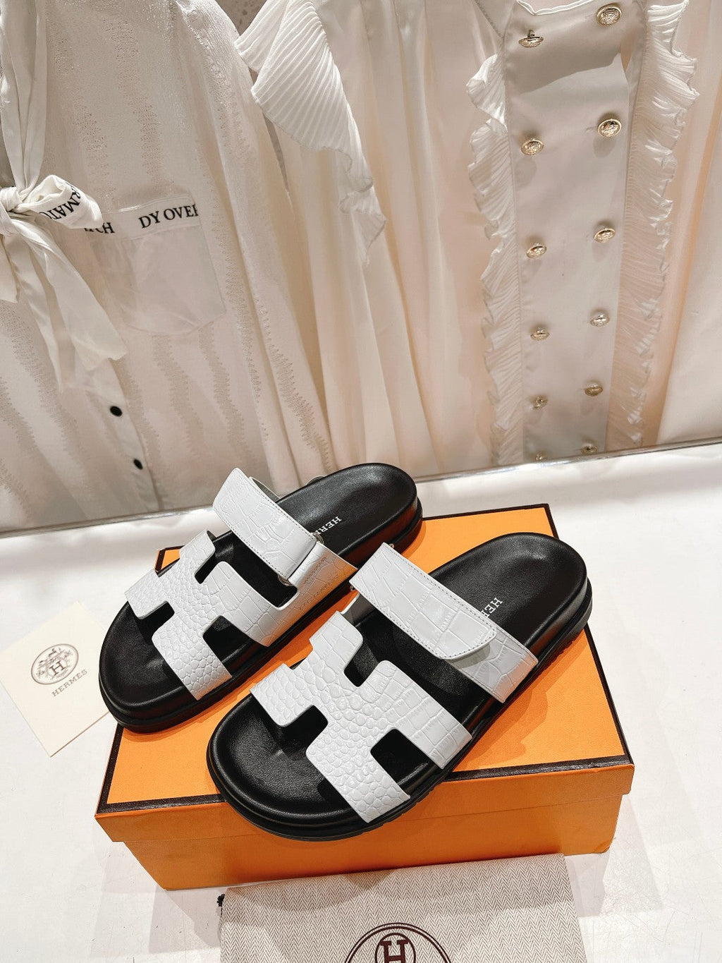 Hermes Chypre Sandal Black and White Lambskin
