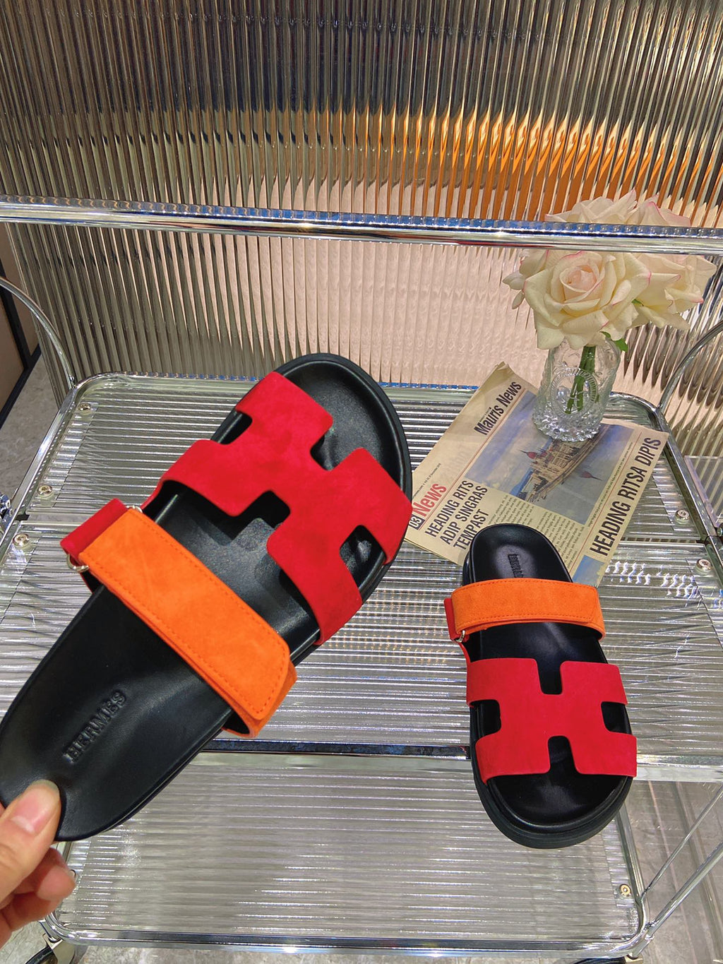 Hermes Chypre Sandal Red Mix Orange Suede