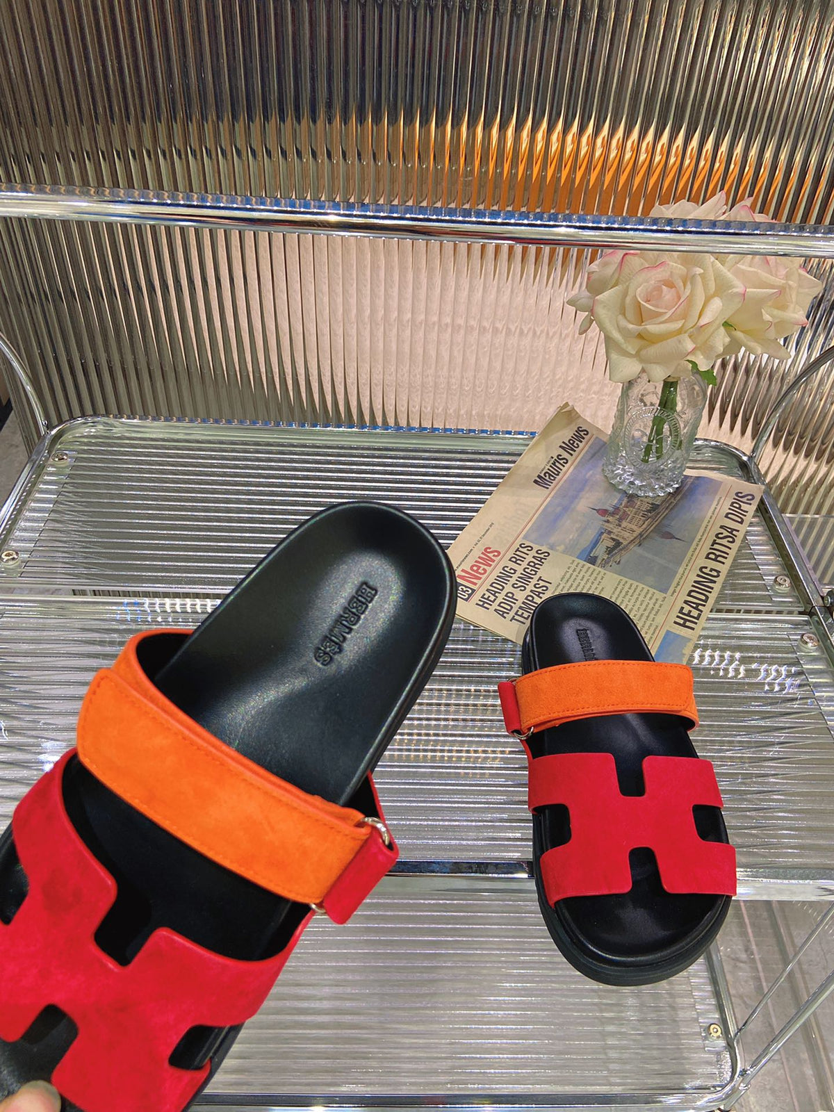 Hermes Chypre Sandal Red Mix Orange Suede