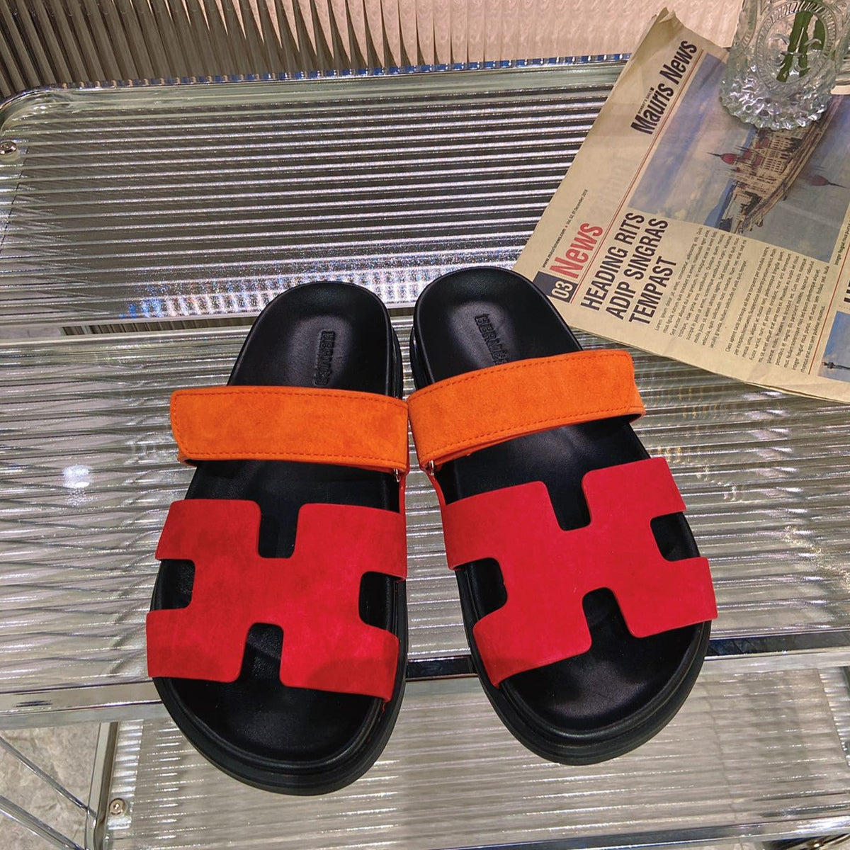 Hermes Chypre Sandal Red Mix Orange Suede
