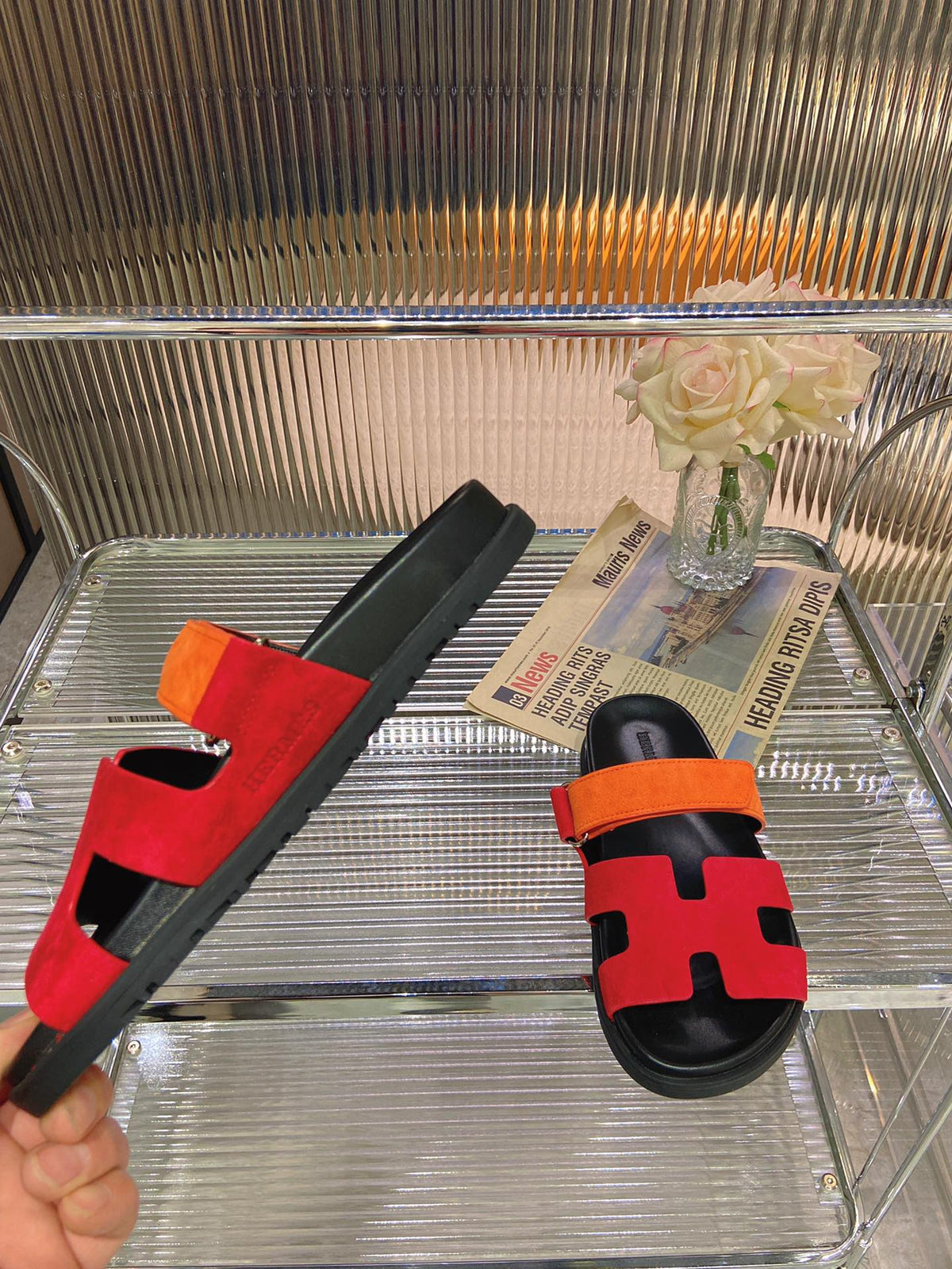 Hermes Chypre Sandal Red Mix Orange Suede