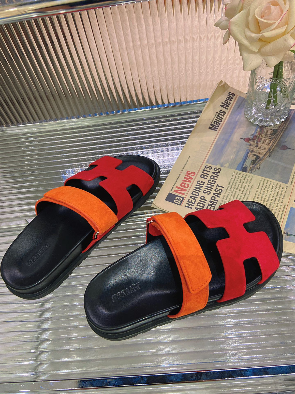 Hermes Chypre Sandal Red Mix Orange Suede