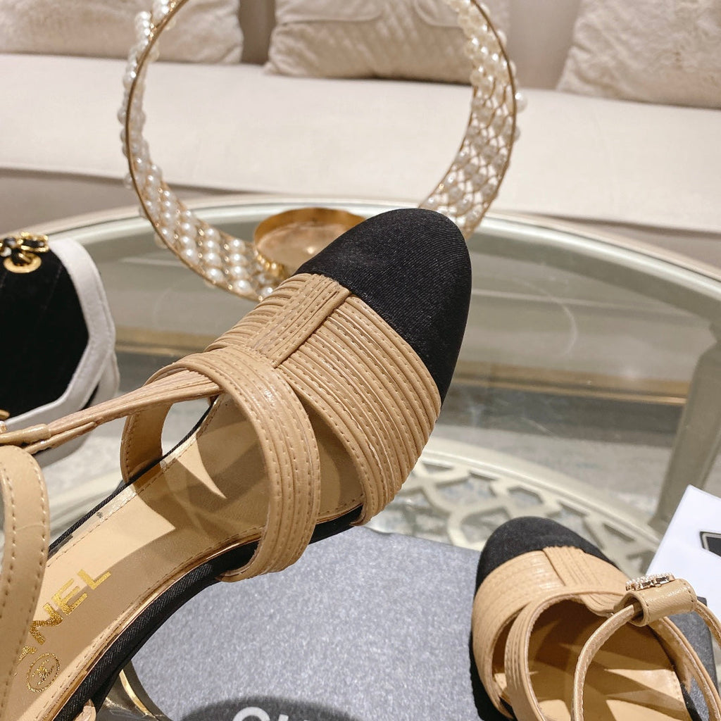 Chanel Double C Heeled Sandals Tan Cream Lambskin