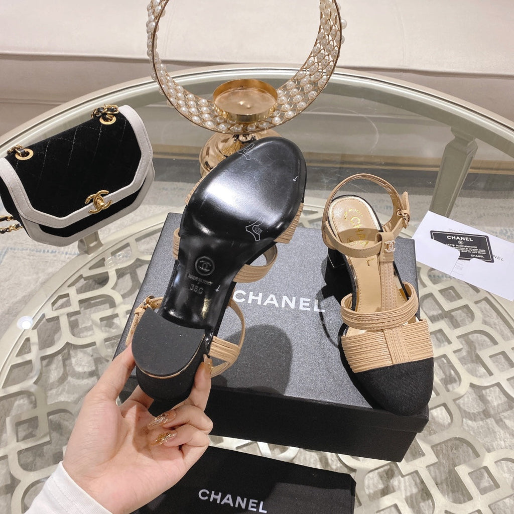 Chanel Double C Heeled Sandals Tan Cream Lambskin
