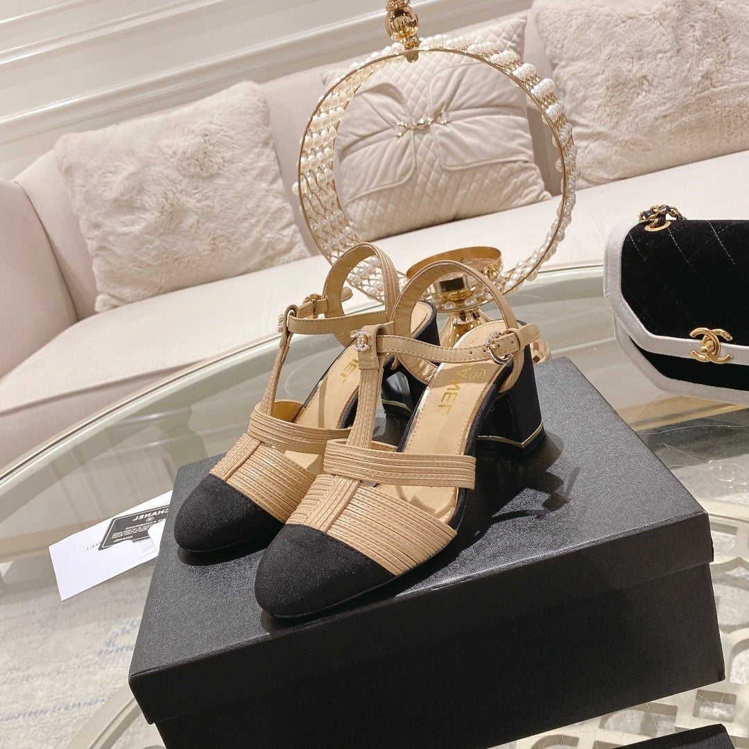 Chanel Double C Heeled Sandals Tan Cream Lambskin