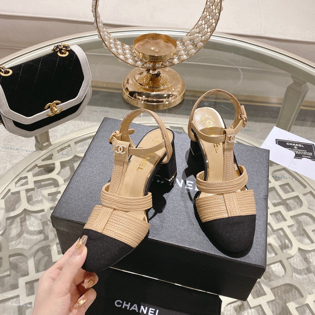 Chanel Double C Heeled Sandals Tan Cream Lambskin