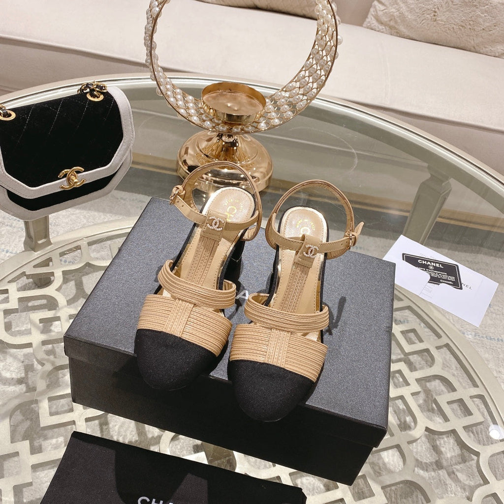 Chanel Double C Heeled Sandals Tan Cream Lambskin
