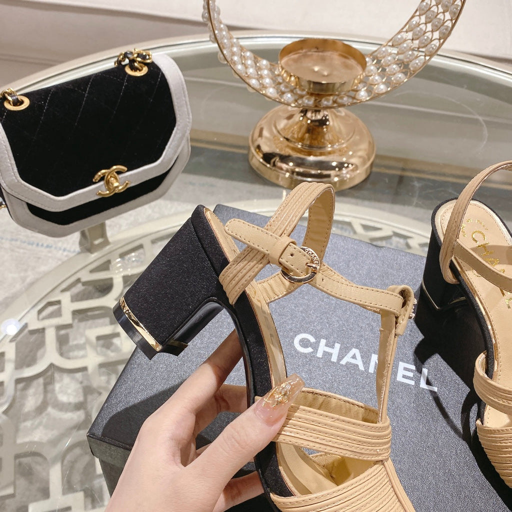 Chanel Double C Heeled Sandals Tan Cream Lambskin