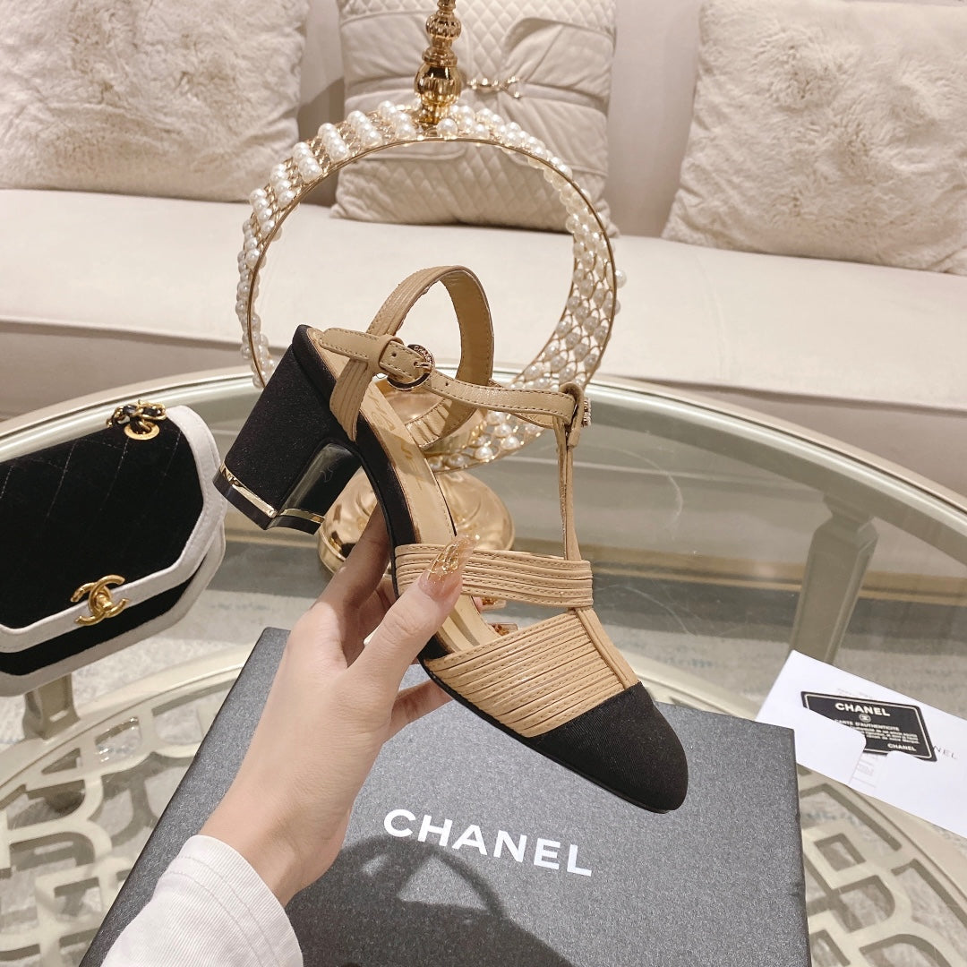 Chanel Double C Heeled Sandals Tan Cream Lambskin