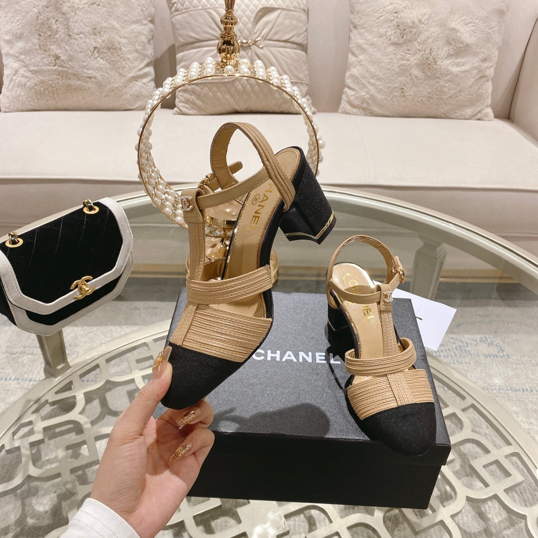 Chanel Double C Heeled Sandals Tan Cream Lambskin