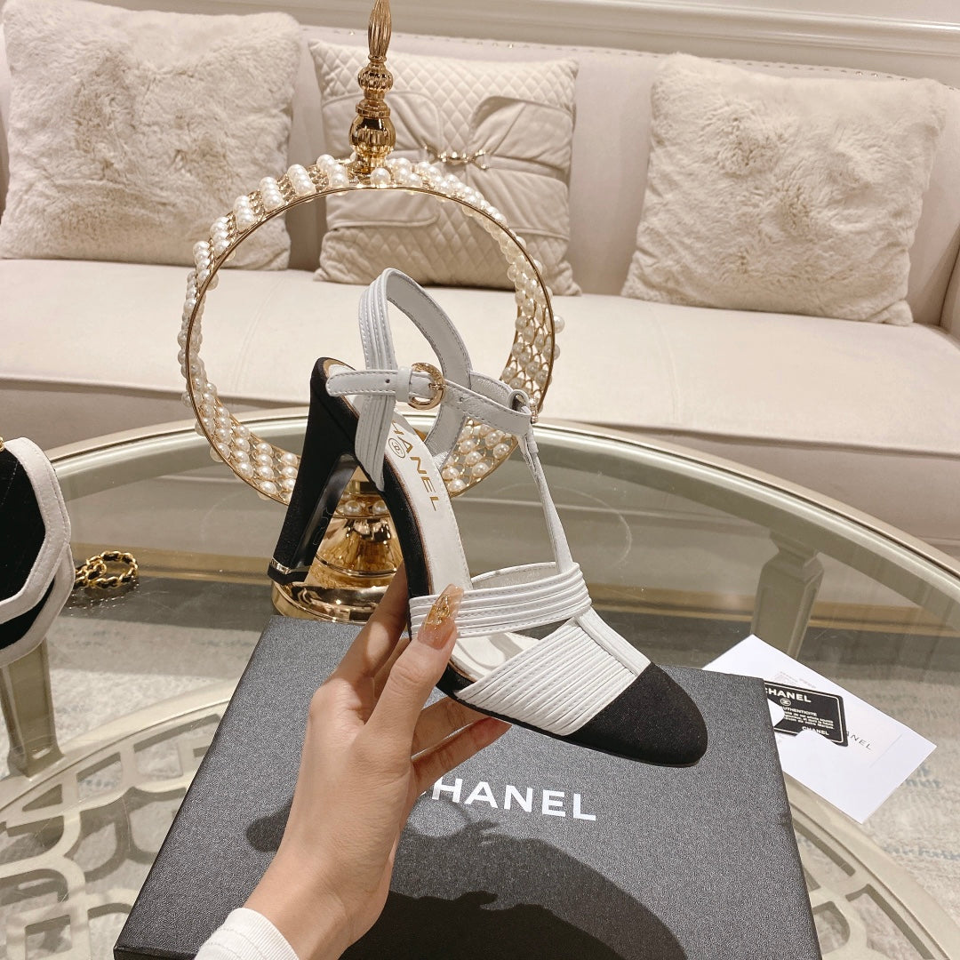 Chanel Double C Heeled Sandals White Black Lambskin