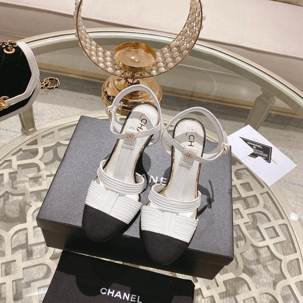 Chanel Double C Heeled Sandals White Black Lambskin